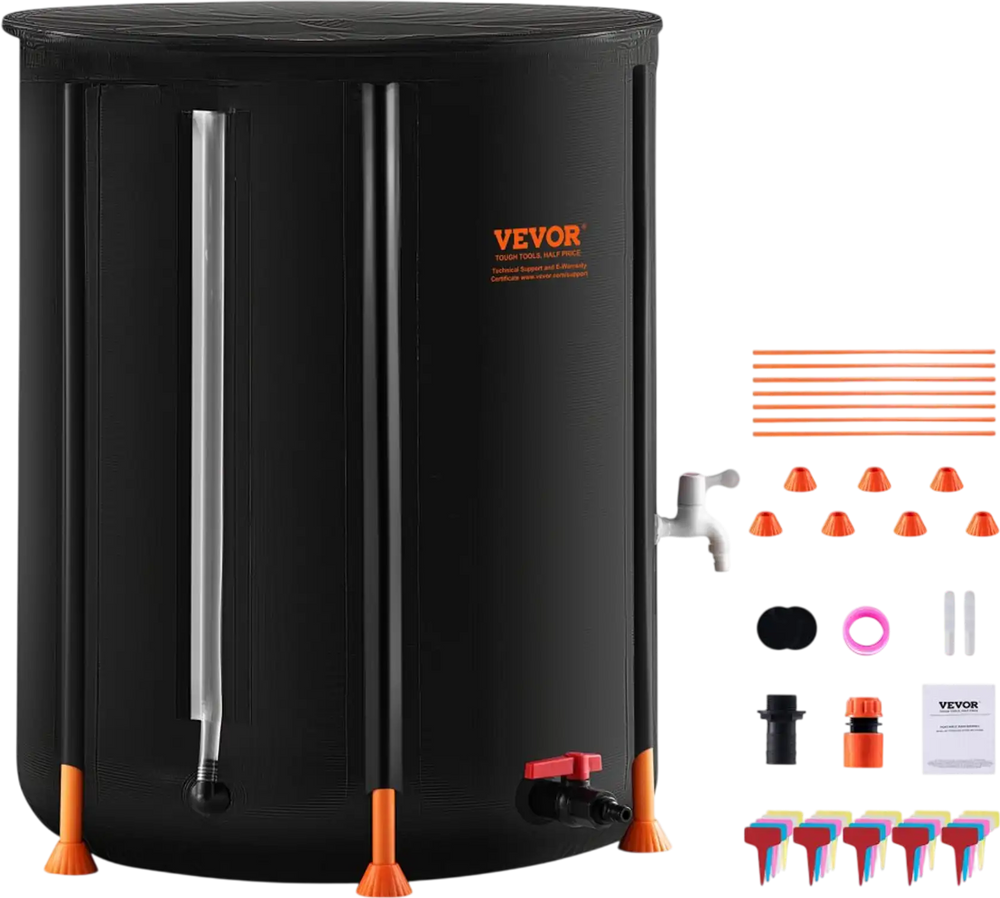 VEVOR Collapsible Rain Barrel, 100 Gallon/380 L Portable Water Tank, PVC Rainwater Collection Barrel with Spigots and Overflow Kit, Water Barrel for Garden Water Catcher