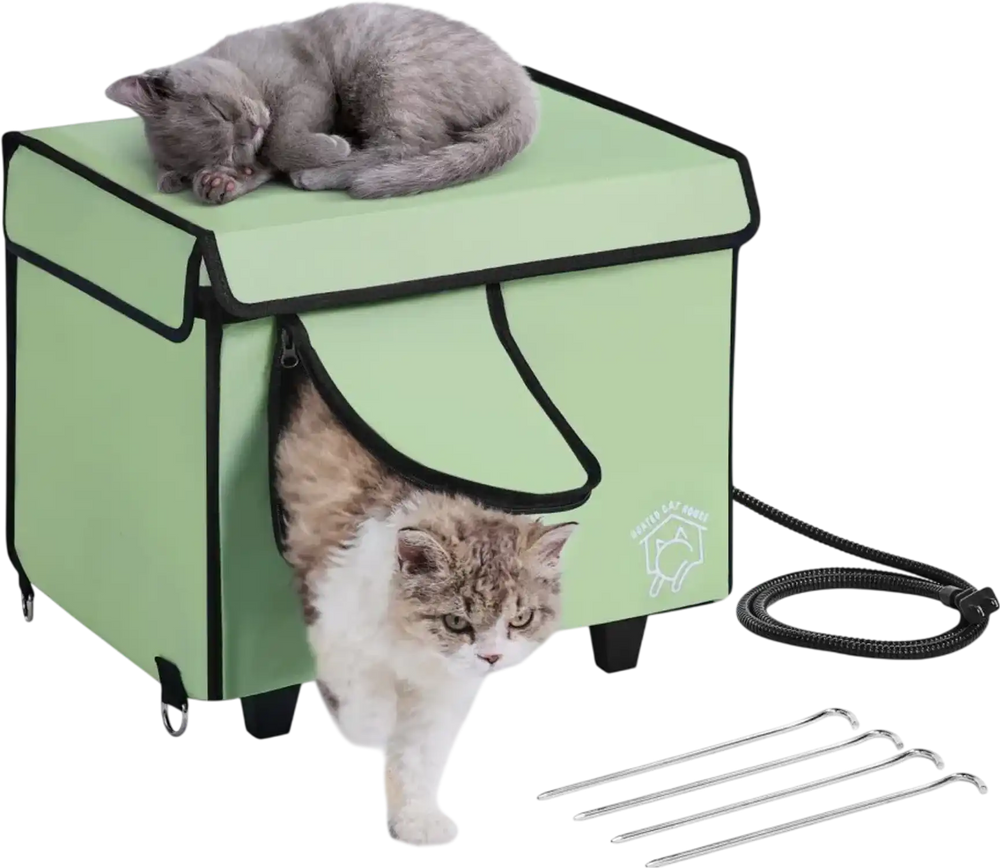 VEVOR Elevated Heated Cat House, Cuboid Kitty Shelter with Adjustable Temperature and Timer, 900D Oxford Cloth Foldable Cat Shelter with Heated Pad  for Winter to Stay Warm and Cozy, Green (Small)