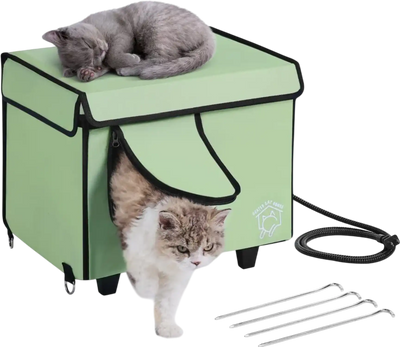VEVOR Elevated Heated Cat House, Cuboid Kitty Shelter with Adjustable Temperature and Timer, 900D Oxford Cloth Foldable Cat Shelter with Heated Pad  for Winter to Stay Warm and Cozy, Green (Small)