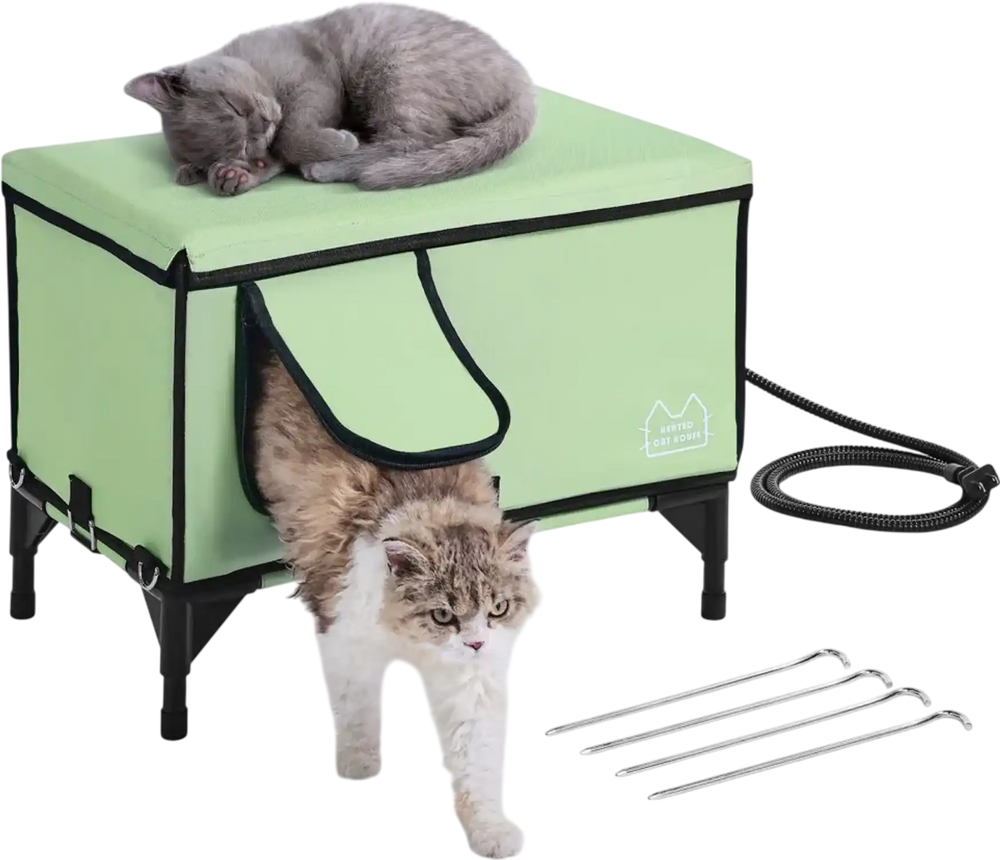 VEVOR Elevated Heated Cat House, Cuboid Kitty Shelter with Adjustable Temperature and Timer, 900D Oxford Cloth Foldable Cat Shelter with Heated Pad  for Winter to Stay Warm and Cozy, Green (Large)