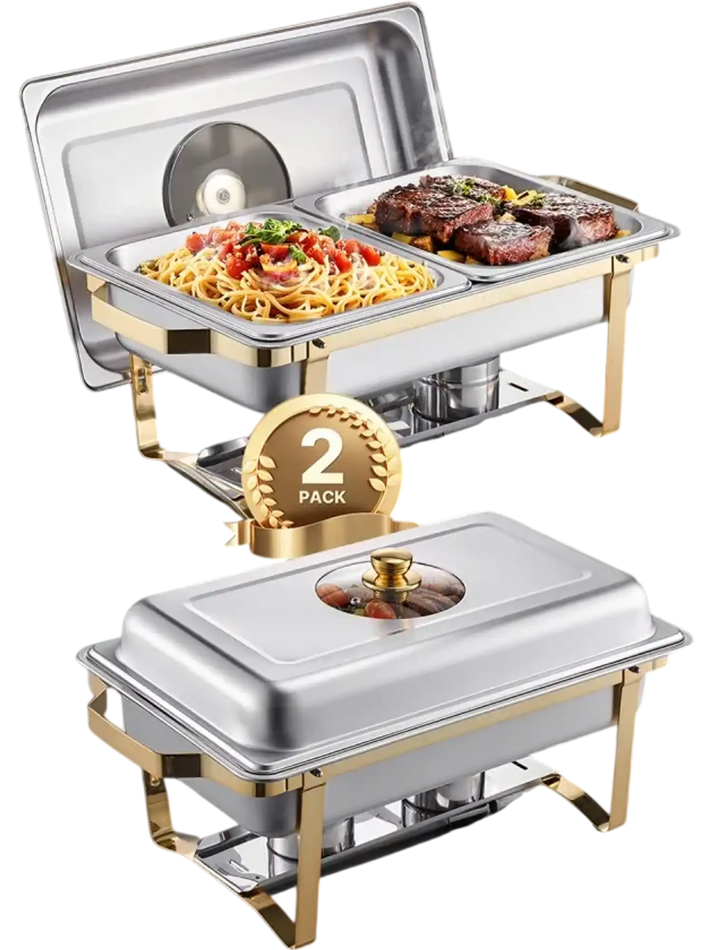 VEVOR Chafing Dish Buffet Set, 4 Qt 2 Pack, Stainless Steel Chafer with 4 Half Size Pans, Rectangle Catering Warmer Server with Glass Lid Water Pan Folding Stand Fuel Holder, for Wedding Party Banquet