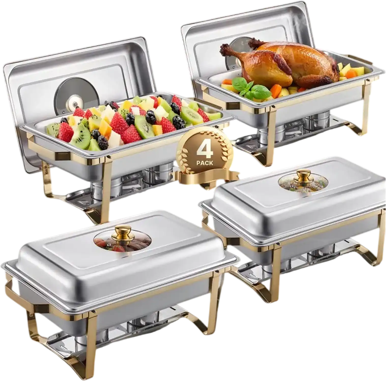 Vevor Chafing Dish Buffet Set 8 Qt 4-Pack Rectangle Stainless Steel Gold New