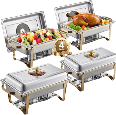 VEVOR Chafing Dish Buffet Set, 8 Qt 4 Pack, Stainless Steel Chafer with 4 Full Size Pans, Rectangle Catering Warmer Server with Glass Lid Water Pan Folding Stand Fuel Holder, for Wedding Party Banquet