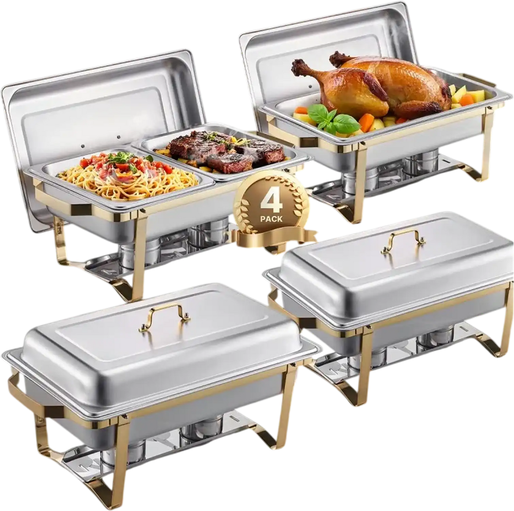 VEVOR Chafing Dish Buffet Set, 8 Qt 4 Pack, Stainless Steel Chafer with 2 Full Size and 4 Half Size Pans, Rectangle Catering Warmer Server with Lid Water Pan Stand, for Weddings Parties Banquets, Gold