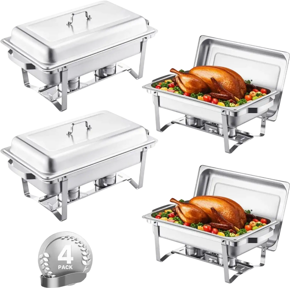 VEVOR Chafing Dish Buffet Set, 8 Qt 4 Pack, Stainless Steel Chafer with 4 Full Size Pans, Rectangle Catering Warmer Server with Lid Water Pan Stand Fuel Holder, for Weddings Parties Banquets, Silver