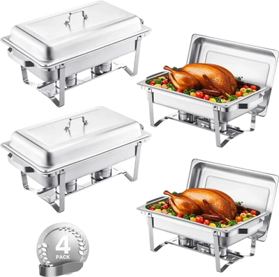 VEVOR Chafing Dish Buffet Set, 8 Qt 4 Pack, Stainless Steel Chafer with 4 Full Size Pans, Rectangle Catering Warmer Server with Lid Water Pan Stand Fuel Holder, for Weddings Parties Banquets, Silver