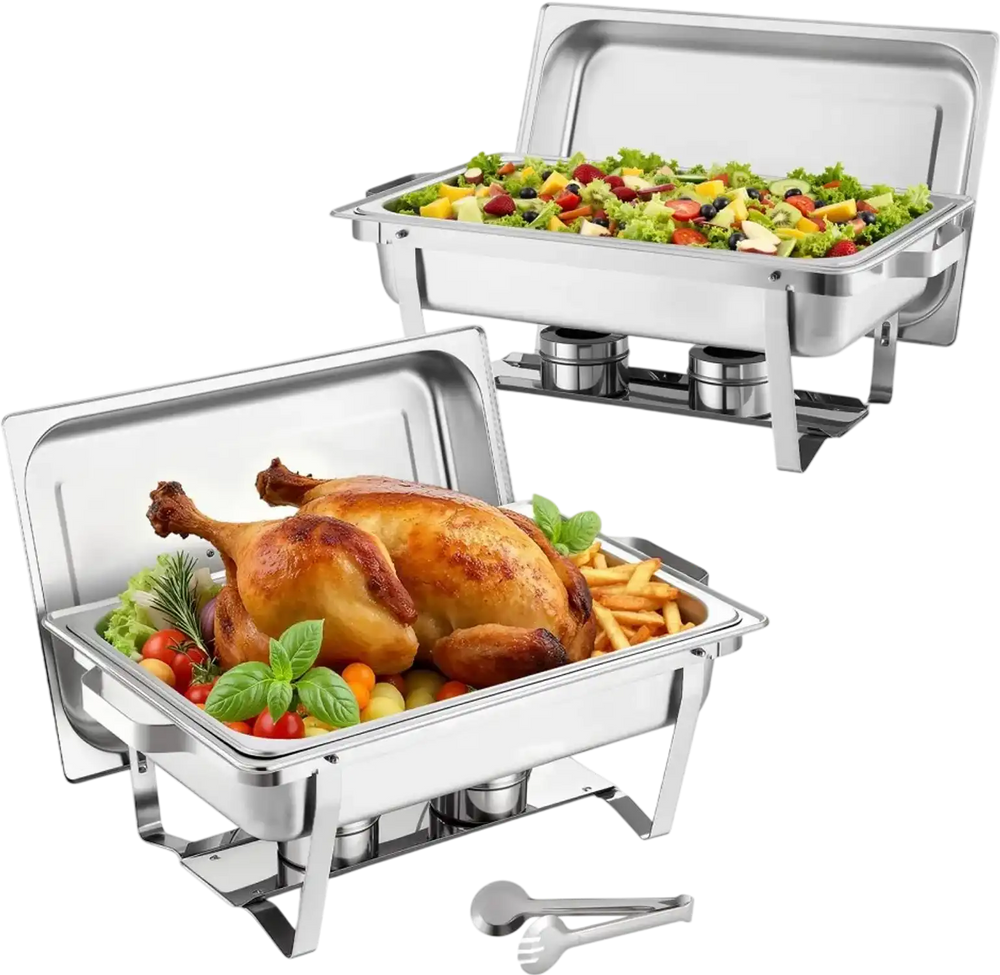 VEVOR Rectangle Chafing Dish, 9 Qt 2 Pack Stainless Steel Chafing Dish, Food Warmer Chafer Complete Set with Hollow Handle, 1 Food Tongs, Lid, Fuel Holder, Chafer Dishes for Banquet Party Wedding