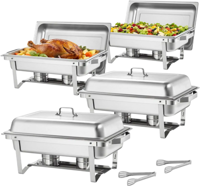 VEVOR Rectangle Chafing Dish, 9 Qt 4 Pack Stainless Steel Chafing Dish, Food Warmer Chafer Complete Set with Hollow Handle, 2 Food Tongs, Lid, Fuel Holder, Chafer Dishes for Banquet Party Wedding