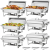 VEVOR Rectangle Chafing Dish, 9 Qt 6 Pack Stainless Steel Chafing Dish, Food Warmer Chafer Complete Set with Hollow Handle, 3 Food Tongs, Lid, Fuel Holder, Chafer Dishes for Banquet Party Wedding