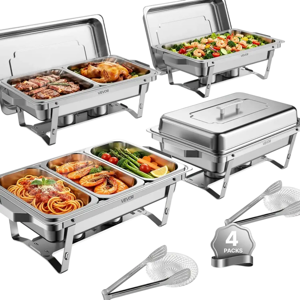 VEVOR 4 Packs Chafing Dishes for Buffet Set, 9QT Stainless Steel Chafer, for Banquet Party Wedding, Rectangle Buffet Server Warmer, 2 Full & 2 Half & 3 Third-Size Pans, Fuel Holder, Tong, Glass Pad