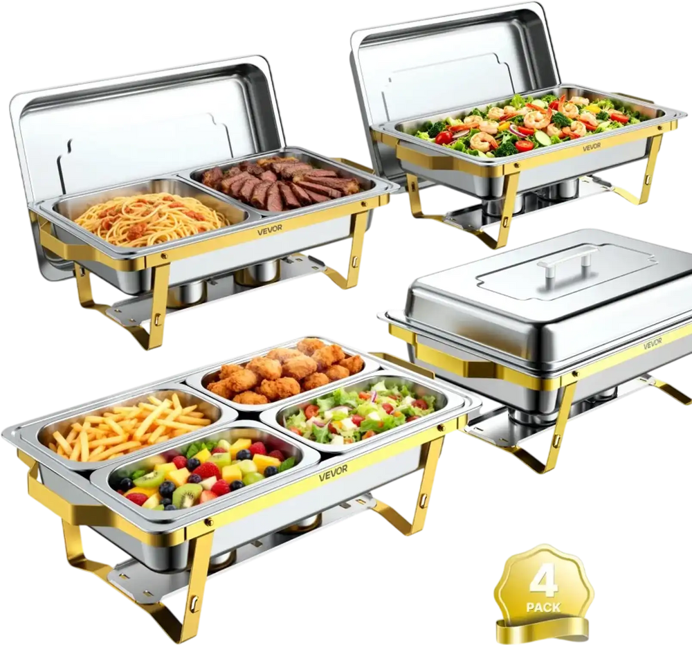 VEVOR 4 Packs Chafing Dishes for Buffet Set, 9QT Stainless Steel Chafer, for Banquet Party Wedding, Rectangle Buffet Server Warmer, 2 Full & 2 Half & 4 Fourth-Size Pans, Fuel Holder, Tong, Glass Pad