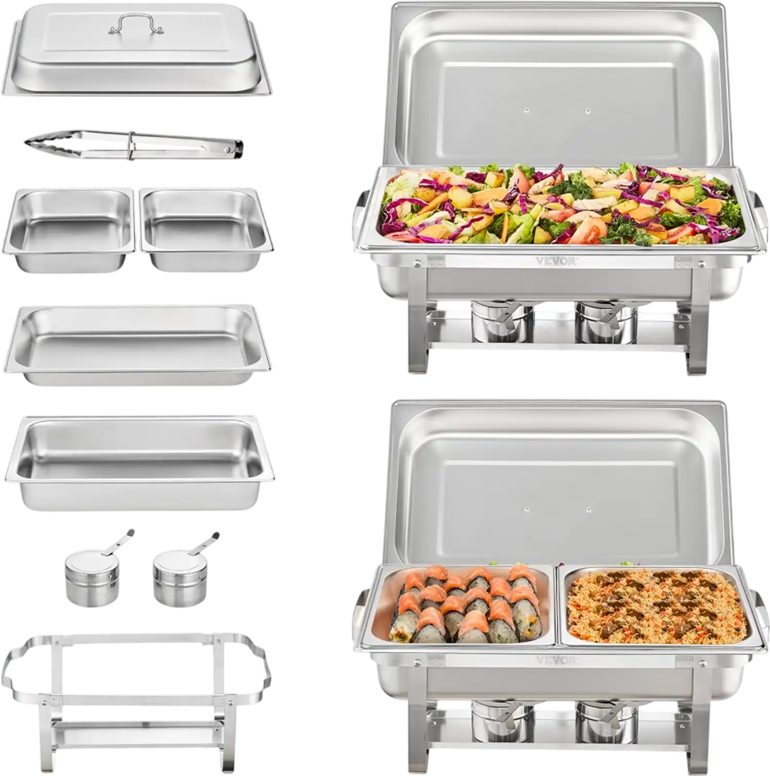 Vevor Chafing Dish Buffet Set 8 Qt 2-Pack Rectangle Stainless Steel with Full and Half Size Pans New
