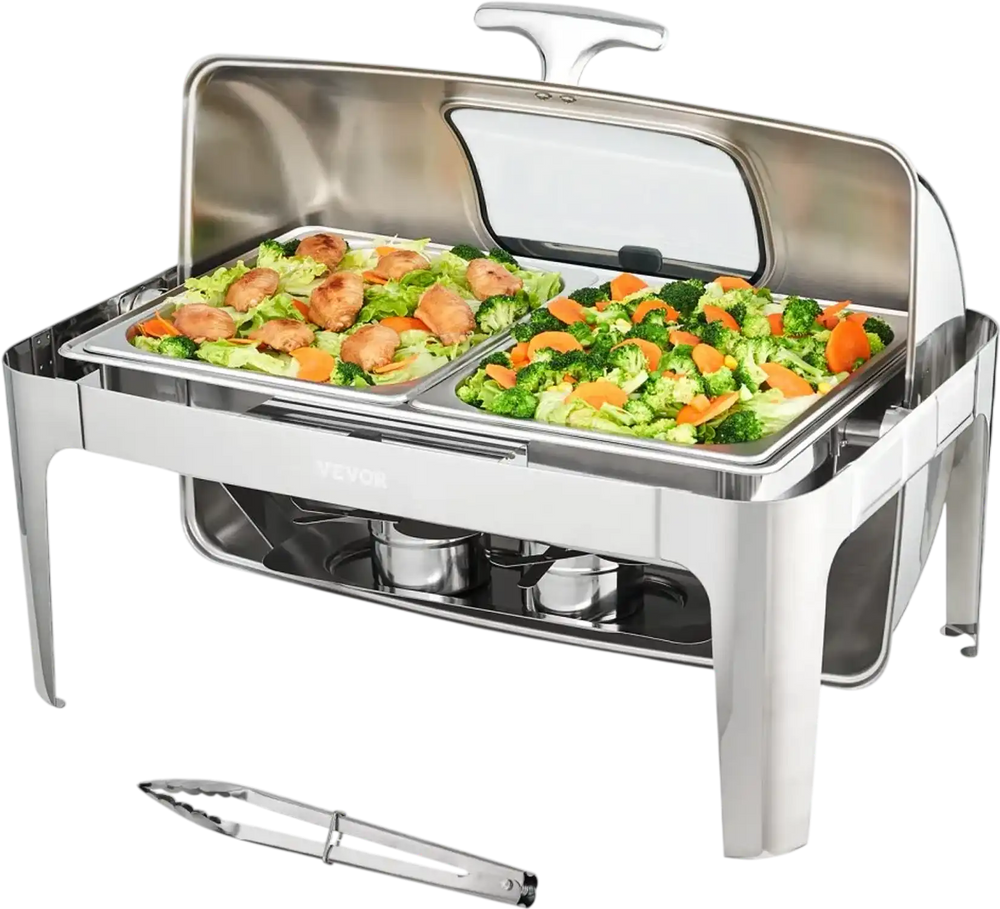 VEVOR Roll Top Chafing Dish Buffet Set, 9 Qt, Stainless Steel Chafer with 2 Half Size Pans, Rectangle Catering Warmer Server with Visible Lid Water Pan Stand Fuel Holder Clip, for at Least 9 People