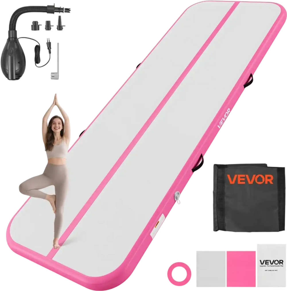 VEVOR Inflatable Gymnastics Air Mat 10 ft Training Mats w/ Electric Pump, 4 inches Thick Sturdy Tumble Track, Tumbling Mat for Home Use/Gym/Outdoor/Yoga/Cheerleading/Beach/Park/Water, Pink