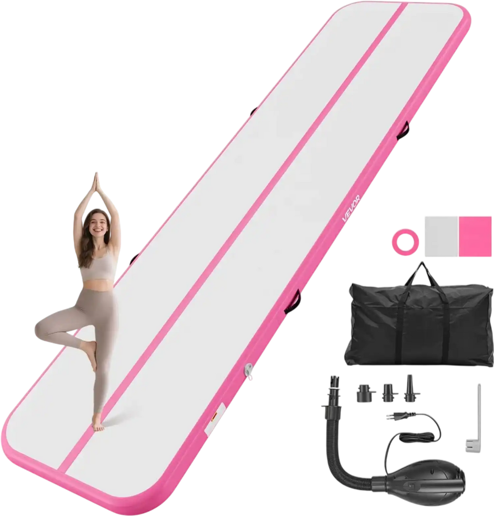 VEVOR Inflatable Gymnastics Air Mat 13 ft Training Mats w/ Electric Pump, 4 inches Thick Sturdy Tumble Track, Tumbling Mat for Home Use/Gym/Outdoor/Yoga/Cheerleading/Beach/Park/Water, Pink
