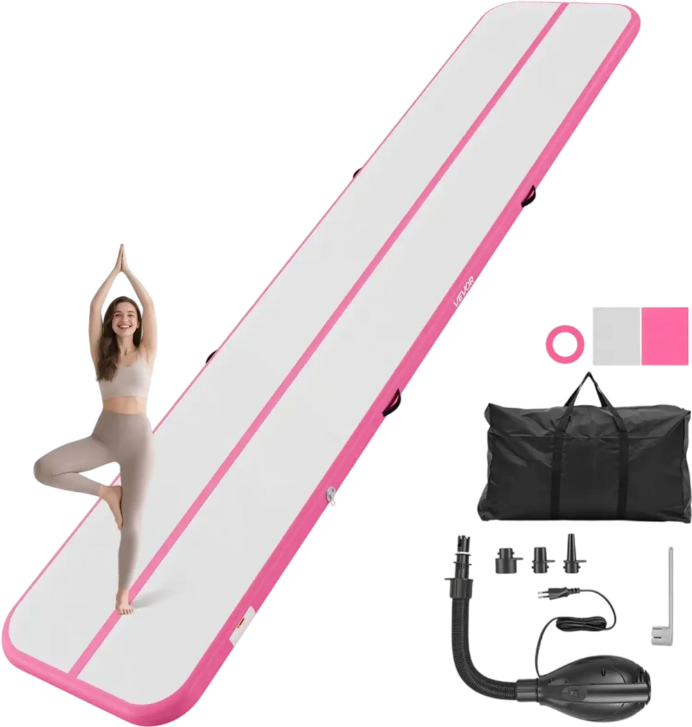 VEVOR Inflatable Gymnastics Air Mat 16.4 ft Training Mats w/ Electric Pump, 4 inches Thick Sturdy Tumble Track, Tumbling Mat for Home Use/Gym/Outdoor/Yoga/Cheerleading/Beach/Park/Water, Pink