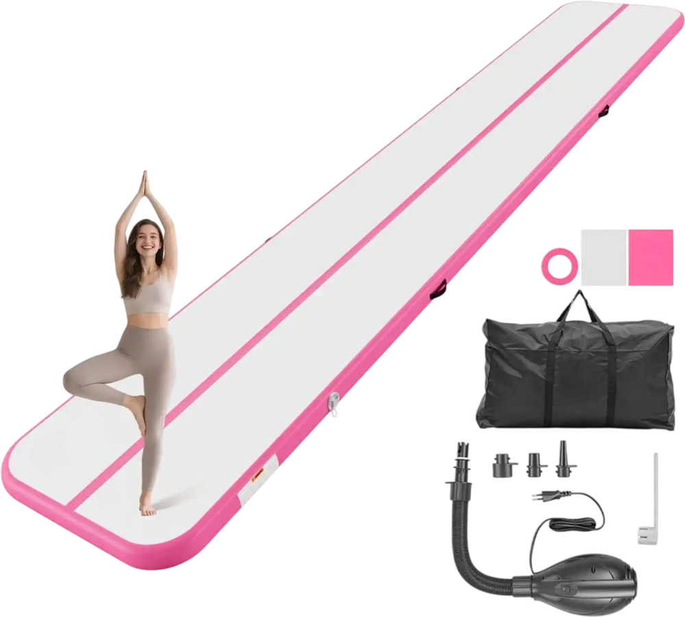 VEVOR Inflatable Gymnastics Air Mat 20 ft Training Mats w/ Electric Pump, 4 inches Thick Sturdy Tumble Track, Tumbling Mat for Home Use/Gym/Outdoor/Yoga/Cheerleading/Beach/Park/Water, Pink