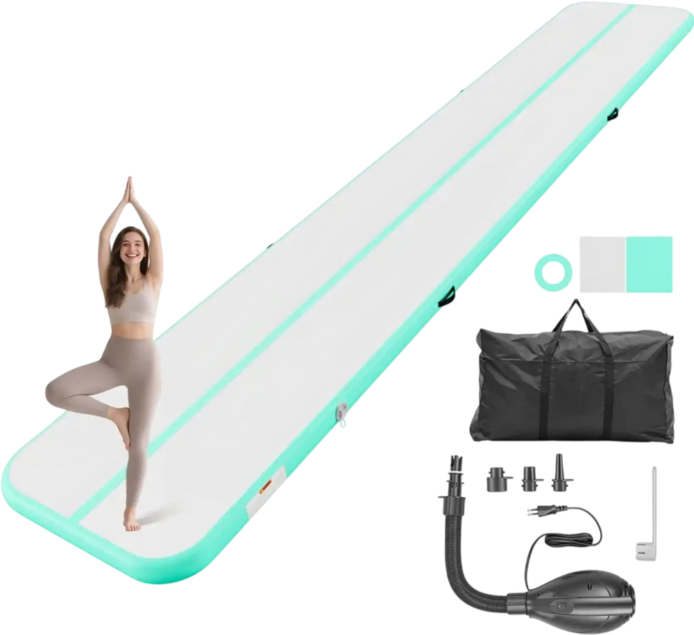 VEVOR Inflatable Gymnastics Air Mat 20 ft Training Mats w/ Electric Pump, 4 inches Thick Sturdy Tumble Track, Tumbling Mat for Home Use/Gym/Outdoor/Yoga/Cheerleading/Beach/Park/Water, Mint Green