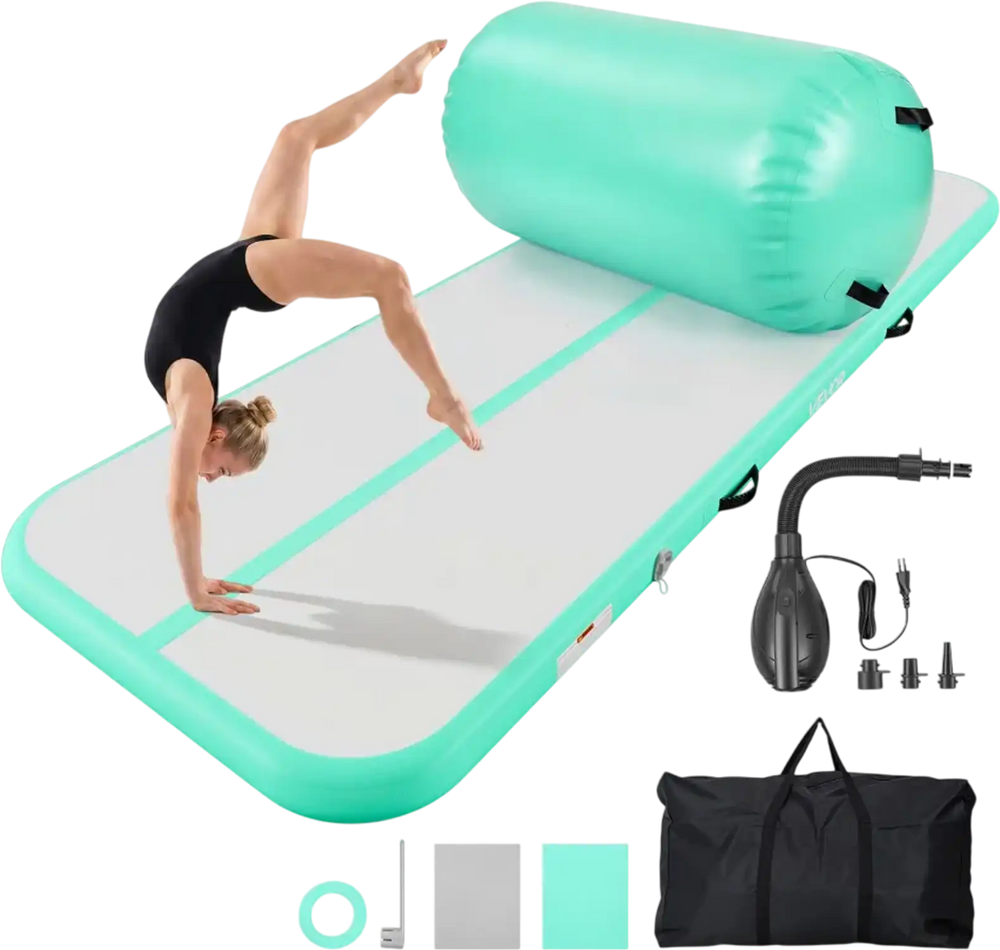 VEVOR Inflatable Gymnastics Air Mat with Air Barrel 10 ft Training Mats, 4 inches Thick Sturdy Tumble Track with Electric Pump, Tumbling Mat for Home Use/Gym/Outdoor/Yoga/Cheerleading, Mint Green