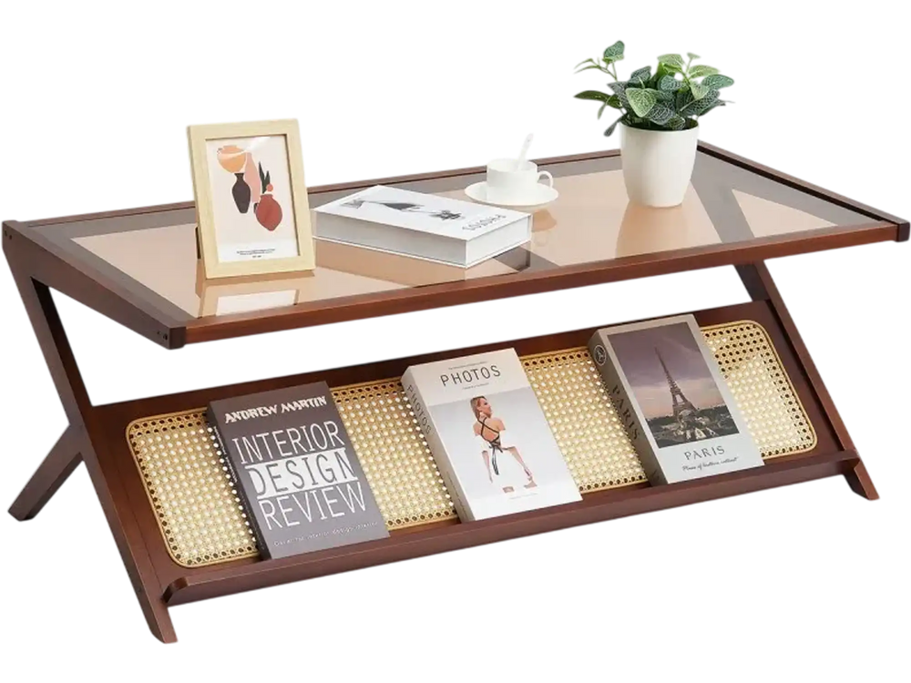 VEVOR Rattan Coffee Table, Z-Shaped Rattan Woven Bamboo Coffee Table with Tempered Glass Top, 47” Modern Boho Storage Coffee Table with Natural Bamboo Legs, for Living Room, Bedroom & Small Spaces
