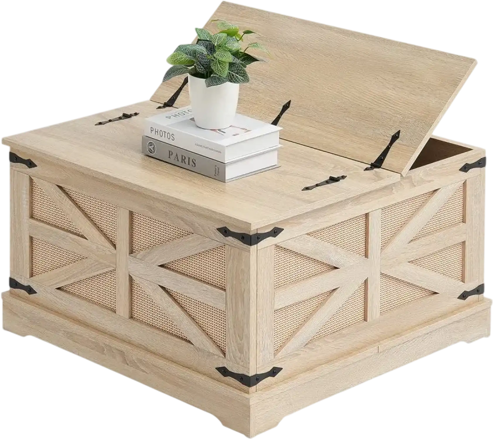 VEVOR Rattan Coffee Table, Rectangle PE Rattan Woven Wood Coffee Table with MDF Top, 32-Inch Modern Boho Style Storage Coffee Table with Retro Metal Hinges, for Living Room, Bedroom & Small Spaces