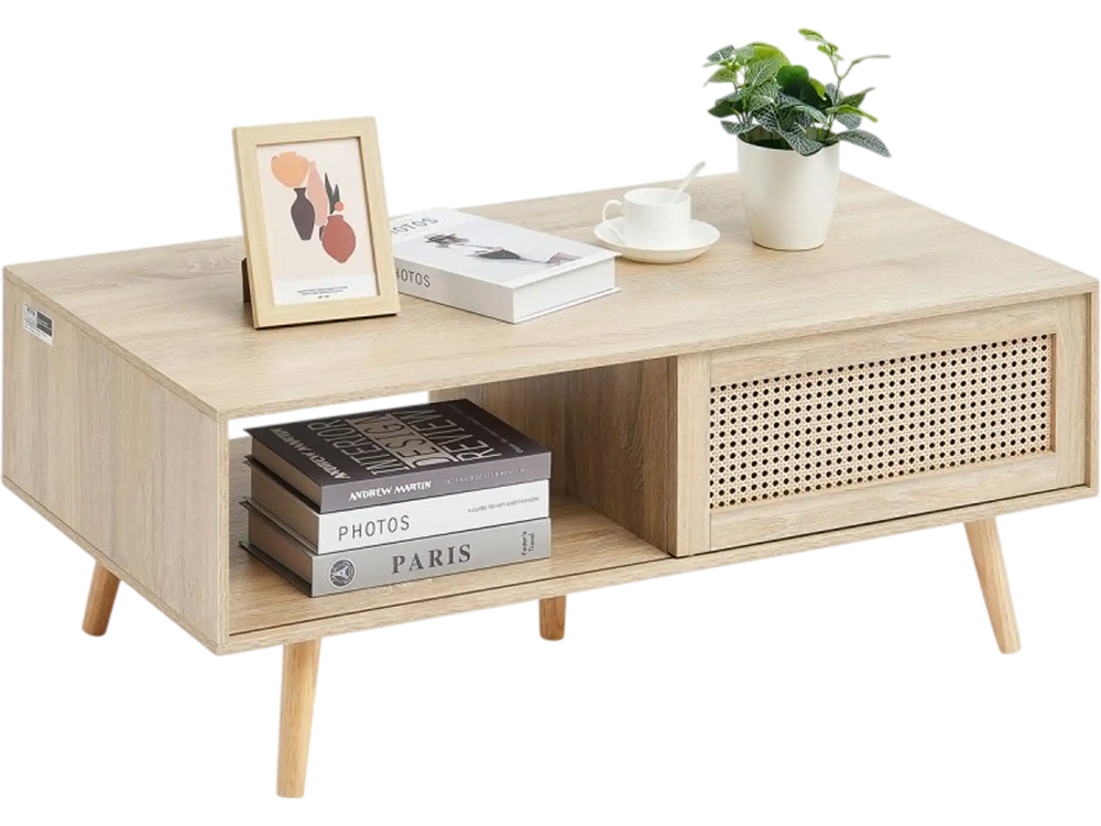 VEVOR Rattan Coffee Table, Mid Century Modern Coffee Table, Rectangle Wood Coffee Table, 42 Inch Modern Boho Style Two Layers Storage Coffee Table, for Living Room, Bedroom & Small Spaces