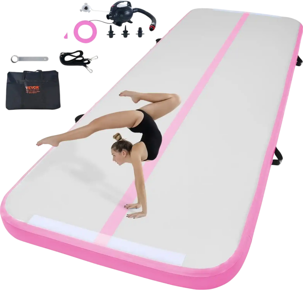 VEVOR Gymnastics Air Mat, 4 inch Thickness Inflatable Gymnastics Tumbling Mat, Tumble Track with Electric Pump, Training Mats for Home Use/Gym/Yoga/Cheerleading/Beach/Park/Water, 10 ft, Pink