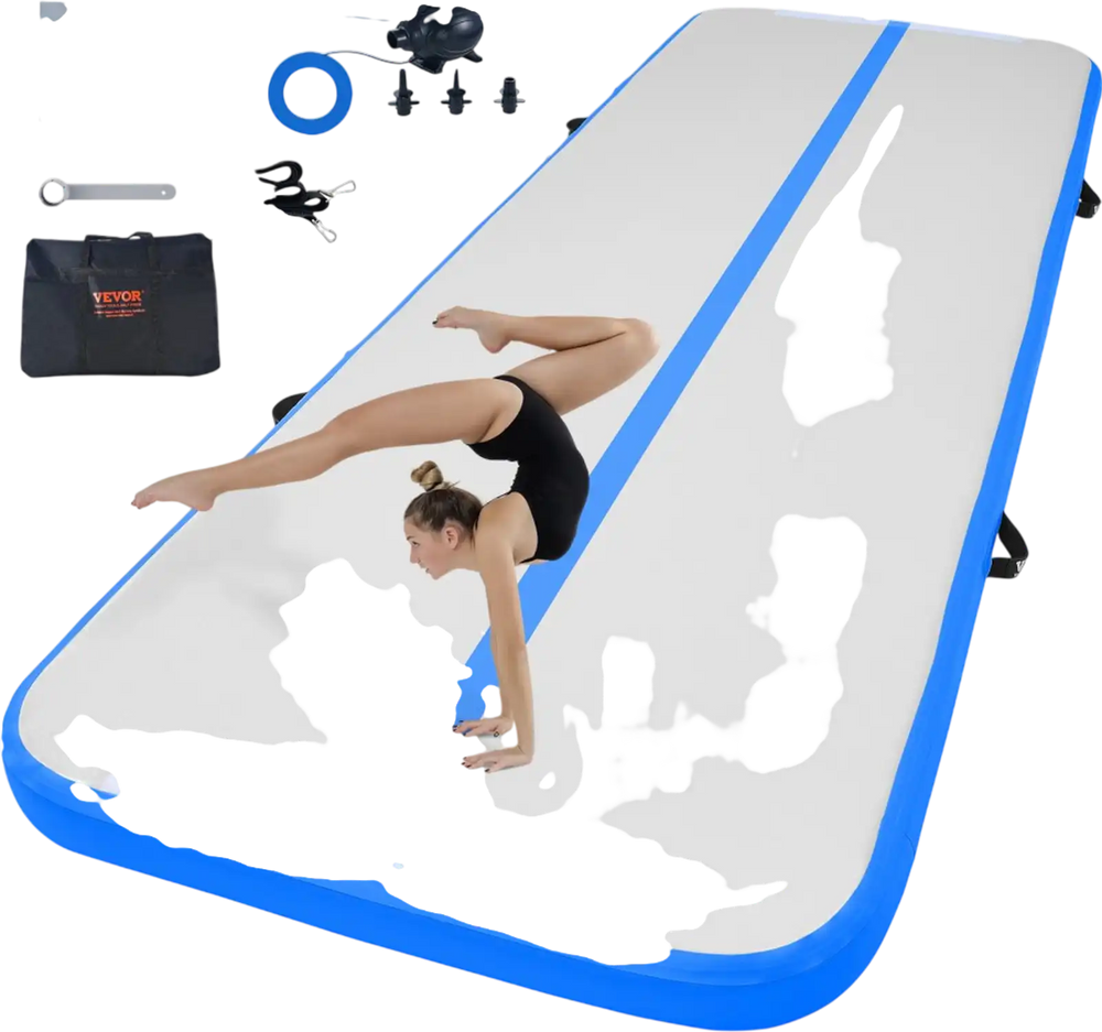 VEVOR Gymnastics Air Mat, 4 inch Thickness Inflatable Gymnastics Tumbling Mat, Tumble Track with Electric Pump, Training Mats for Home Use/Gym/Yoga/Cheerleading/Beach/Park/Water, 10 ft, Blue