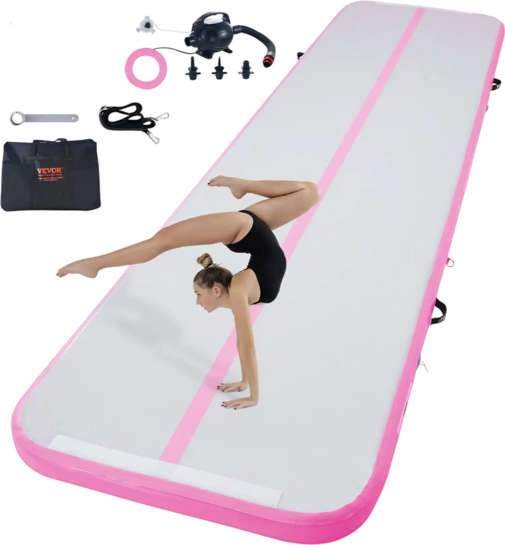 VEVOR Gymnastics Air Mat, 4 inch Thickness Inflatable Gymnastics Tumbling Mat, Tumble Track with Electric Pump, Training Mats for Home Use/Gym/Yoga/Cheerleading/Beach/Park/Water, 13 ft, Pink