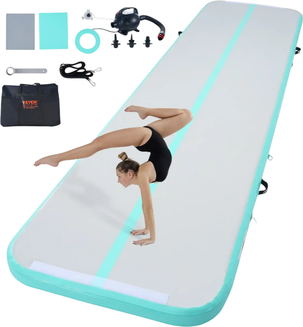 VEVOR Gymnastics Air Mat, 4 inch Thickness Inflatable Gymnastics Tumbling Mat, Tumble Track with Electric Pump, Training Mats for Home Use/Gym/Yoga/Cheerleading/Beach/Park/Water, 13 ft, Mint Green