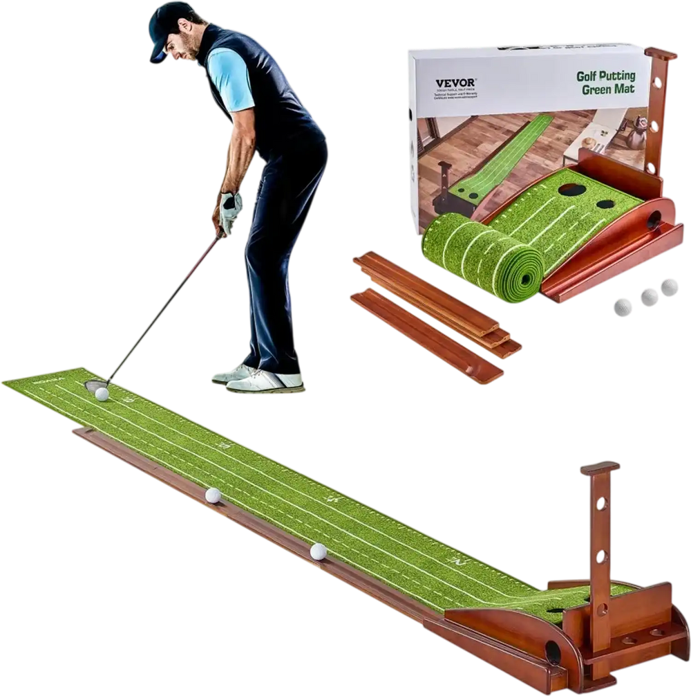VEVOR Golf Putting Mat, 2 Hole Indoor Golf Putting Green, Wrinkle-Free Golf Training Aid, Mini Golf Set with Auto-Ball Return, Alignment Guide, 3 Ball, Wood Base, Game Practice Gift for Home Office