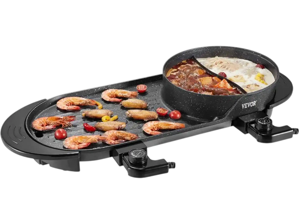 VEVOR Hot Pot with Grill, 2200W 2-in-1 Electric Smokeless Grill and Hot Pot, Korean BBQ Shabu Shabu Hotpot with Separate Dual Temperature Control, Non-stick Pan, for 1-6 People Family Dinning