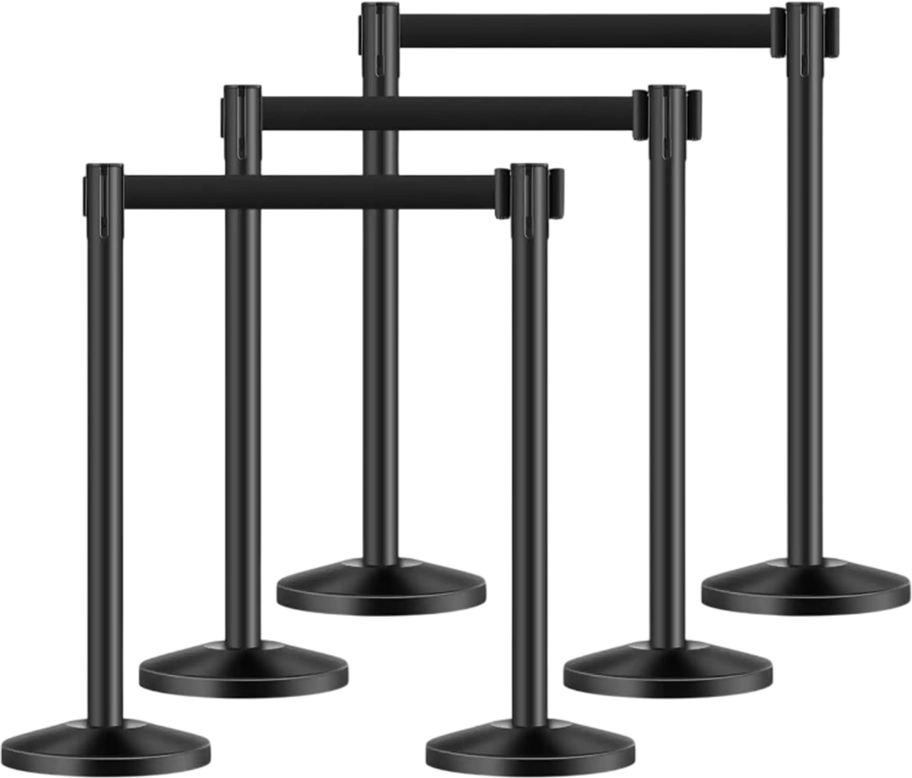 VEVOR Stanchion Post, 6 Pcs Stanchions with Retractable Belts, Carbon Steel Black Stanchions Queue with Sand Injection Hollow Base, Crowd Control Barriers for Theaters, Parties, Weddings, Exhibitions