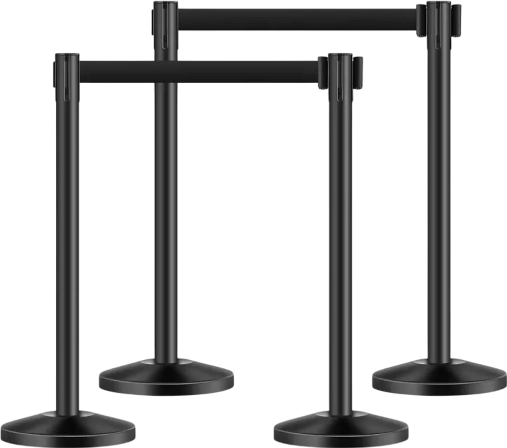VEVOR Stanchion Post, 4 Pcs Stanchions with Retractable Belts, Carbon Steel Black Stanchions Queue with Sand Injection Hollow Base, Crowd Control Barriers for Theaters, Parties, Weddings, Exhibitions