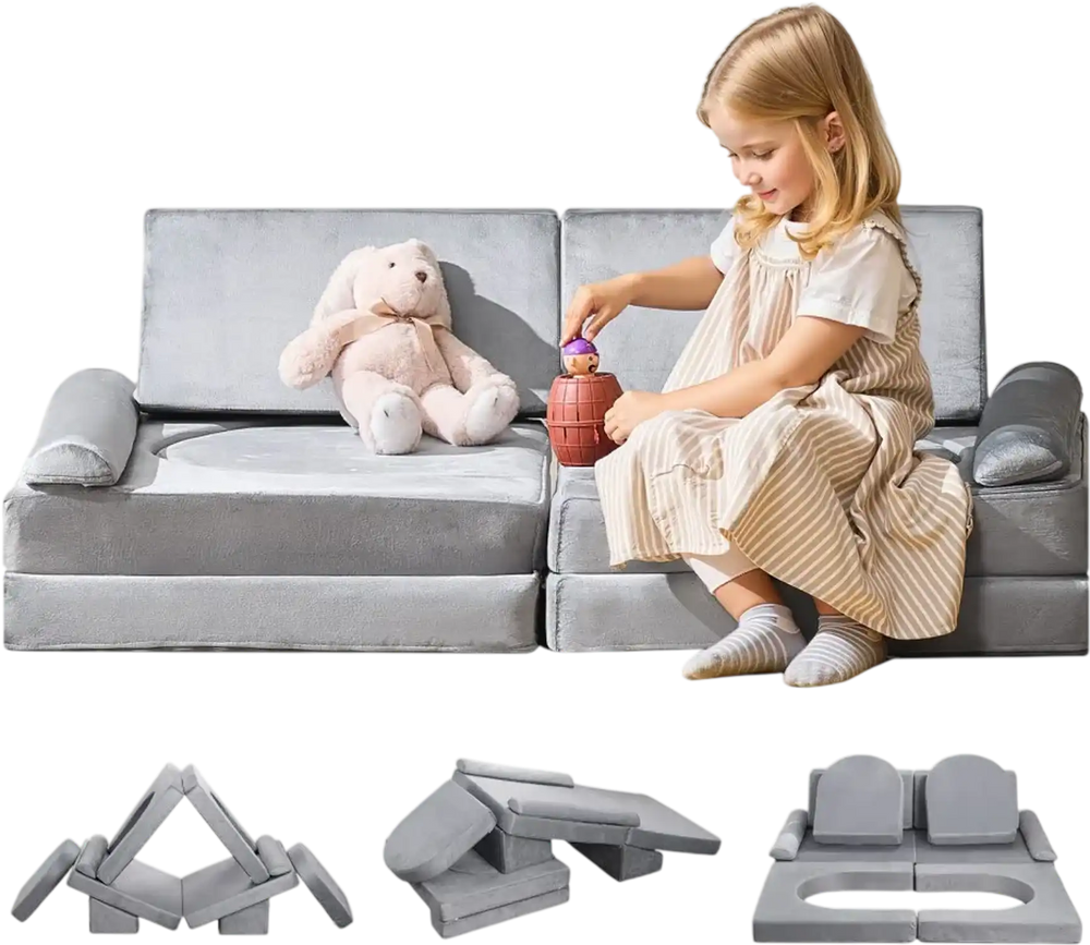 VEVOR Modular Kids Play Couch, Sectional Toddler Sofa with Armrests, 28D Sponge & Short Pile, Convertible Kids Modular Couch DIY Creative Combination for Playroom, Bedroom, Living Room, 10 Pcs, Gray