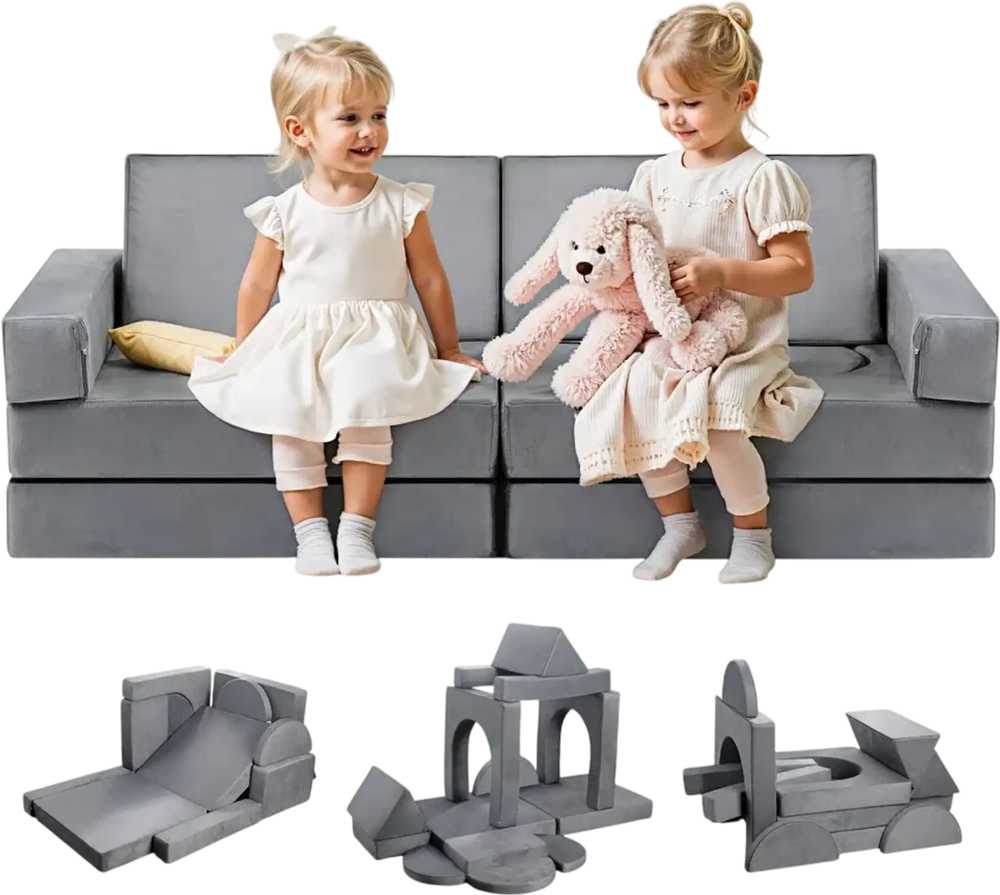 VEVOR Modular Kids Play Couch, Sectional Toddler Sofa with Armrests, 28D Sponge & Short Pile, Convertible Kids Modular Couch DIY Creative Combination for Playroom, Bedroom, Living Room, 14 Pcs, Gray
