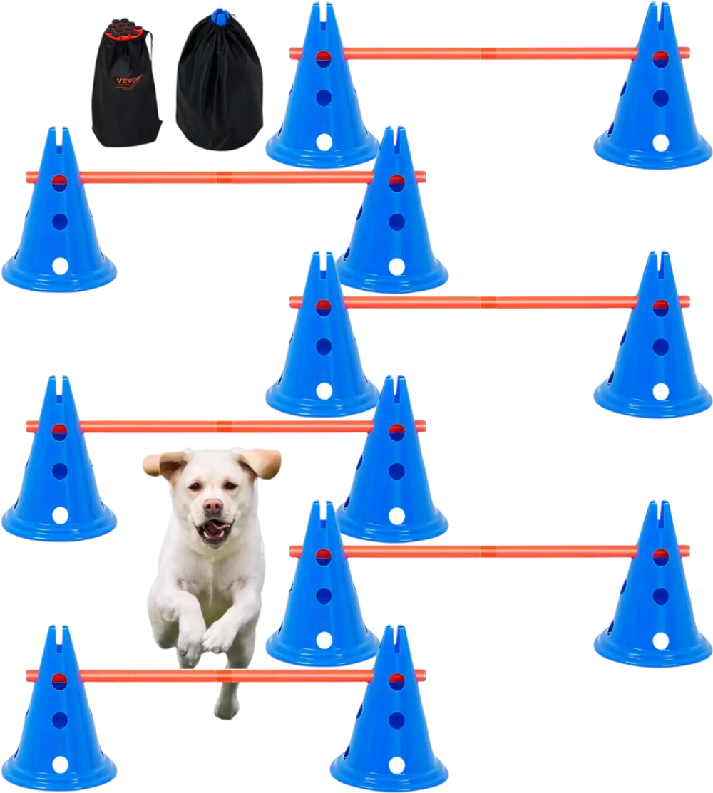VEVOR Dog Agility Hurdle Cone Set, 6 PCS Kit-12 x Cones, 6 x Agility Rods, Agility Training Equipment with Height Adjustable Crossbar, Puppy Obstacle Course Jump Starter with Cones Storage Bag