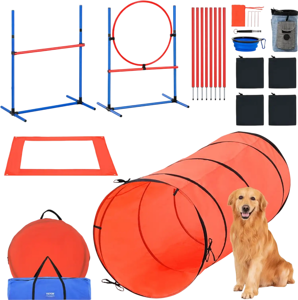 VEVOR Dog Agility Training Equipment, 5 PCS Combination Set with Adjustable High Hurdles,6 Weave Poles, Tunnel, Jump Ring, Pause Box, Whistle, Foldable Bowl, Puppy Obstacle Course Kit with 2 Bags