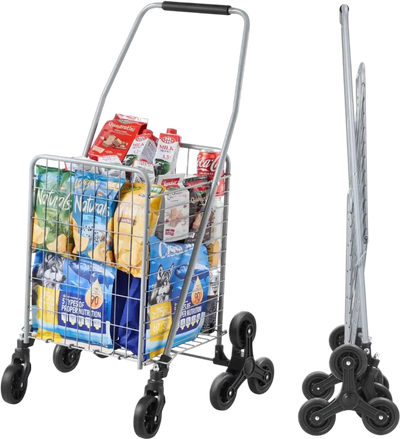 VEVOR Grocery Shopping Cart, 45L Stair Climbing Shopping Cart with 360° Rolling Swivel Wheels, Stair Climber Utility Cart with Tri-Wheels, Foldable Collapsible & Lightweight for Laundry Travel, Silver