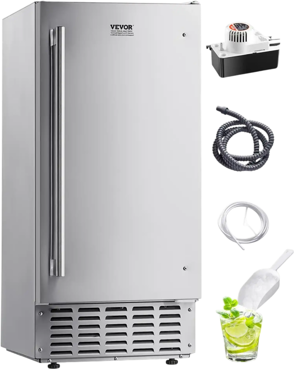 VEVOR Undercounter Built-in Ice Maker, 66 Lbs/Day Under Counter Nugget Ice Maker Machine with Reversible Door Stainless Steel, Freestanding Ice Maker for Commercial Home Kitchen, Electric Drainage