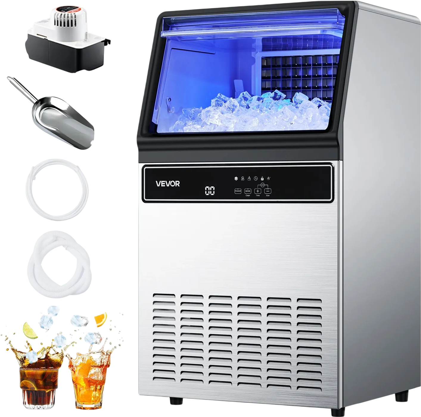 Vevor Commercial Ice Maker 130 lbs/24h with 33 lb. Storage Self-Cleaning with Drain Pump New