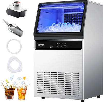 VEVOR Commercial Ice Maker Machine with Pump, 130Lbs/24H with 33Lbs Storage, 45 Cubes per Cycle, Freestanding & Under Counter Ice Maker with LED Display & Self-Cleaning, for Home Bar Restaurant