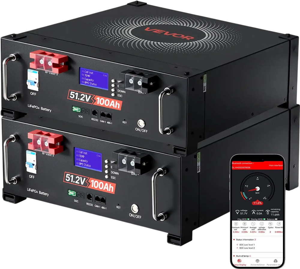 VEVOR 48V 200Ah LiFePO4 Lithium Battery, 2 Pack 100Ah, 10.24kWh Capacity, 51.2V Server Rack LiFePO4 Battery with Bluetooth, Max 6000 Cycles, LCD Display, for Off-Grid, Solar System, Backup Power