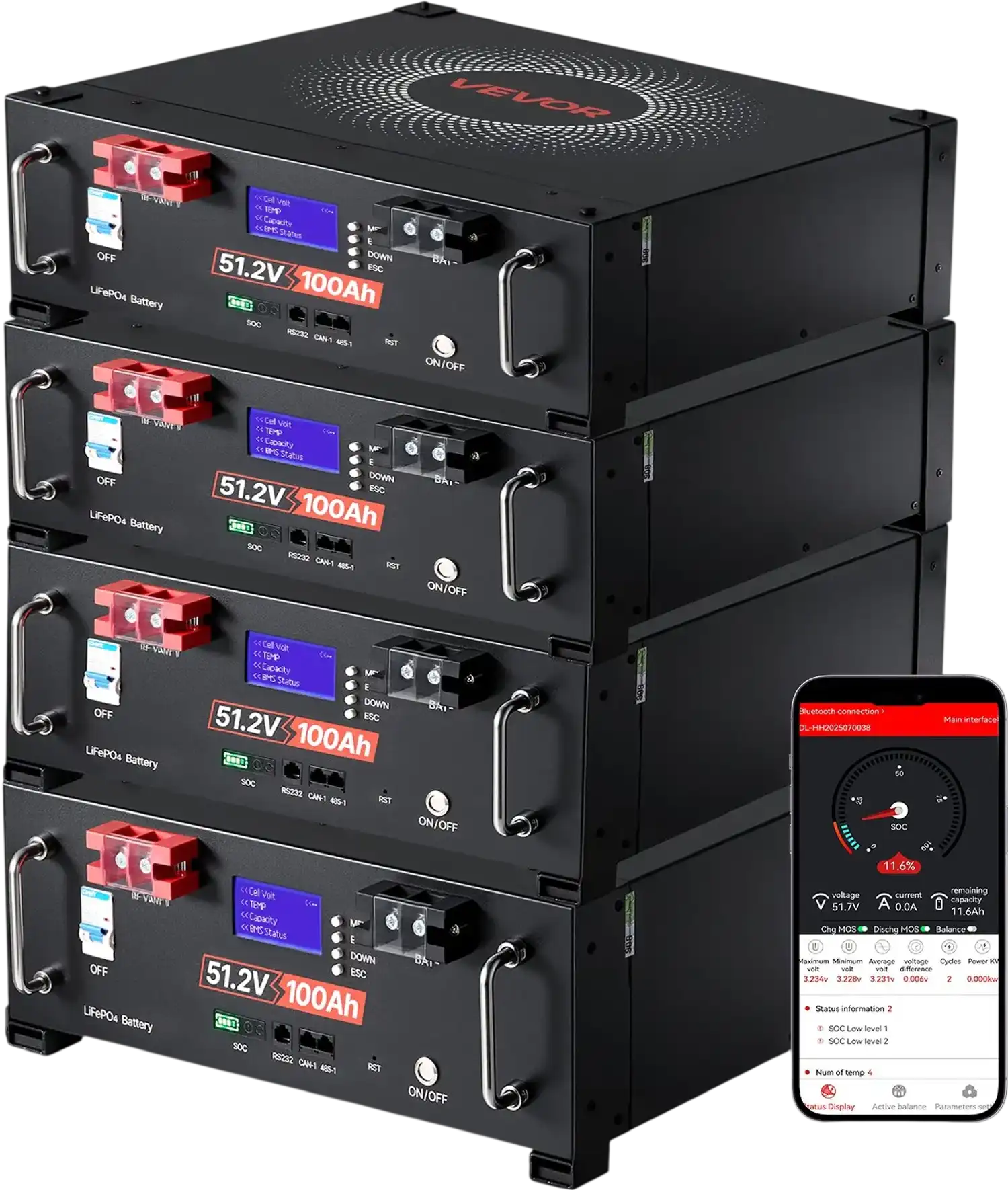 Vevor Lithium Server Rack Battery 51.2V 400Ah LiFePO4 with Bluetooth 4 Pack New