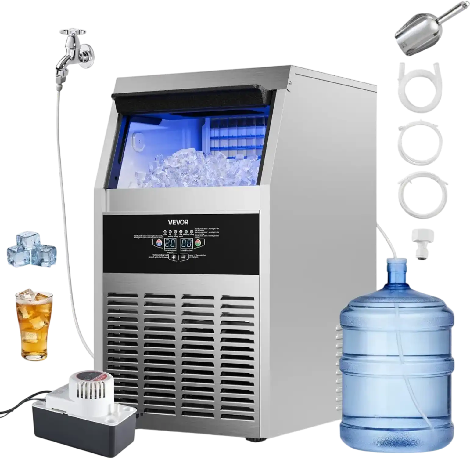 Vevor Ice Maker Commercial Freestanding 150 lbs/24h Stainless Steel with Pump and 30 lbs Storage New
