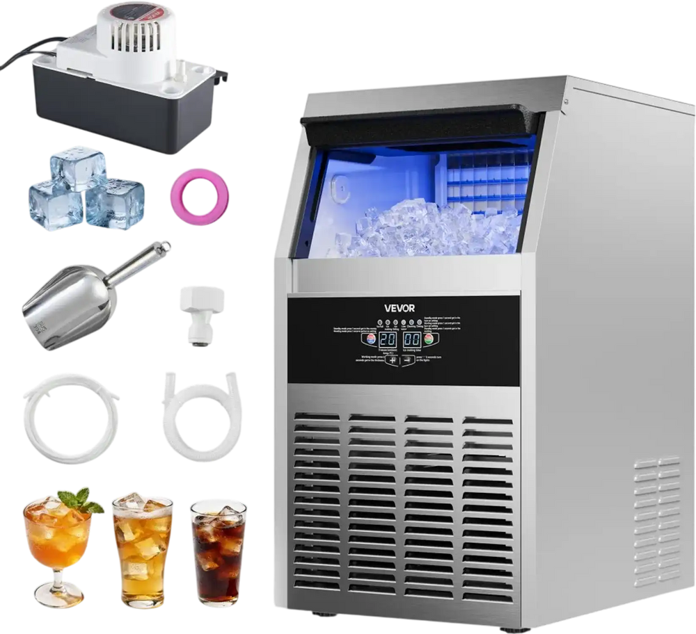 VEVOR Commercial Ice Maker Machine with Pump, 160 lbs/24h with 30 lbs Storage Capacity, Built-in/Freestanding/Under Counter, Stainless Steel Ice Maker with LED Display & Self-Cleaning, for Home Bar
