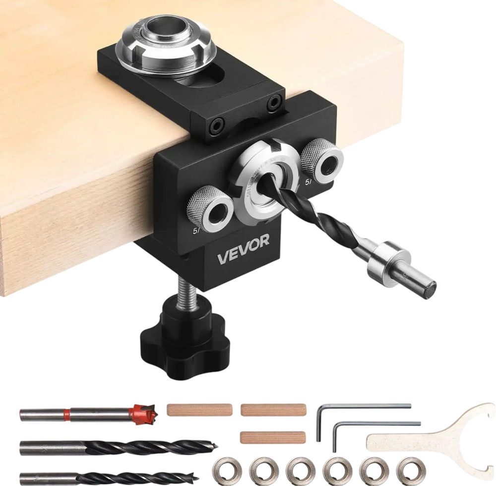 VEVOR Doweling Jig Kit, Self Centering Dowel Drill Jig for Straight Holes, Aluminum Alloy Woodworking Joints Tool with 3 Size Drill Bits 5/16", 3/8", and 19/32", Adjustable Width, for Wood Working