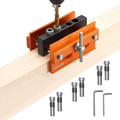 VEVOR Doweling Jig Kit, Self Centering Dowel Drill Jig for Straight Holes, Aluminum Alloy Woodworking Tools with 6 Drill Guide Bushings, Adjustable Width, for Wood Working, Drilling and Marking