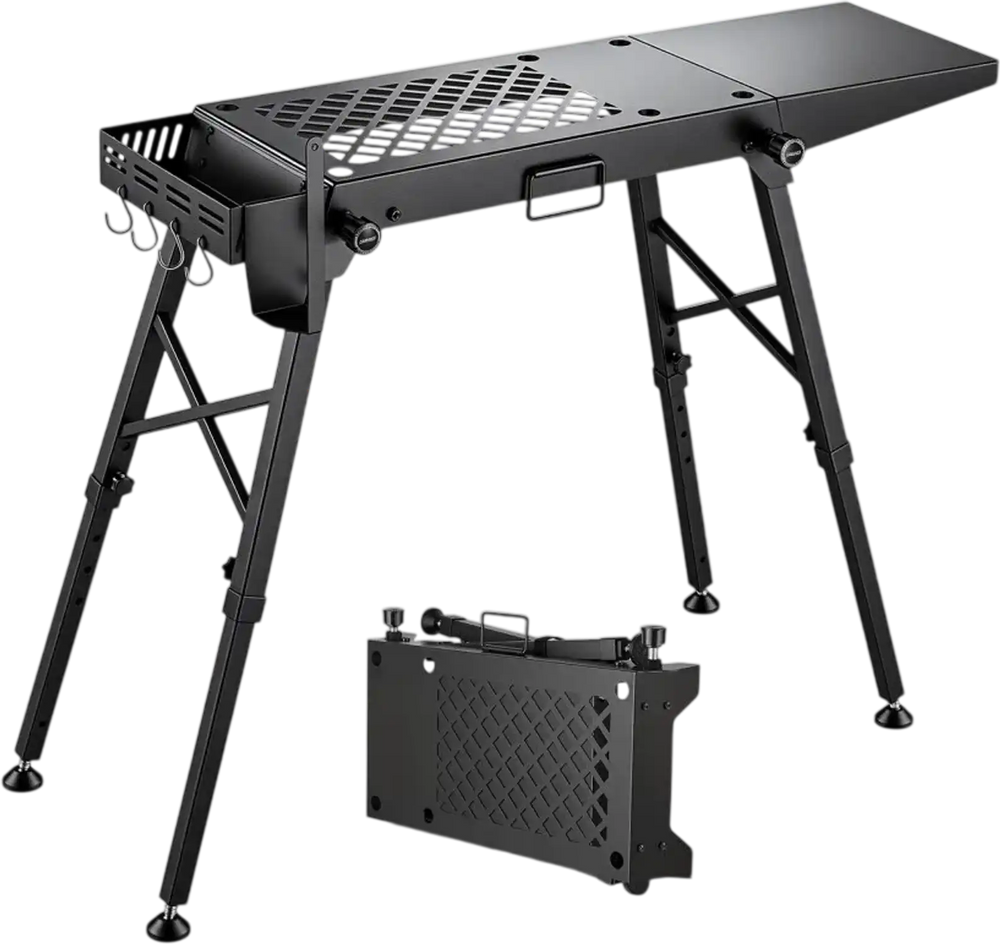 VEVOR Folding Grill Table 41x12 in Camping Griddle Stand Fit 17 & 22 in, for Picnic BBQ Tailgating, Carbon Steel, Adjustable Height, 350 lbs Capacity, Outdoor Cart with Seasoning Basket, Side Shelf
