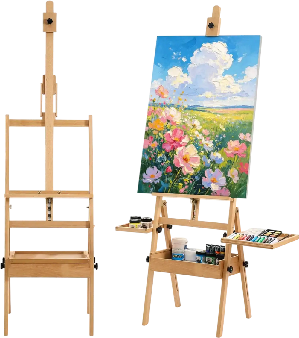 VEVOR Studio H-Frame Easel Holds Canvas Up to 35.43" Solid Beech Wood Frame, For Artists Painting, Adjustable Height & Angle, Multi-Function Wooden Art Easel with Storage Box & Trays, Natural Color